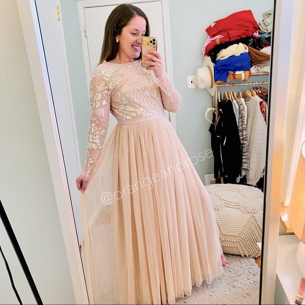 Needle & Thread Blush Pink Sequin Long Sleeve mesh Open Back Tulle Maxi Gown 6